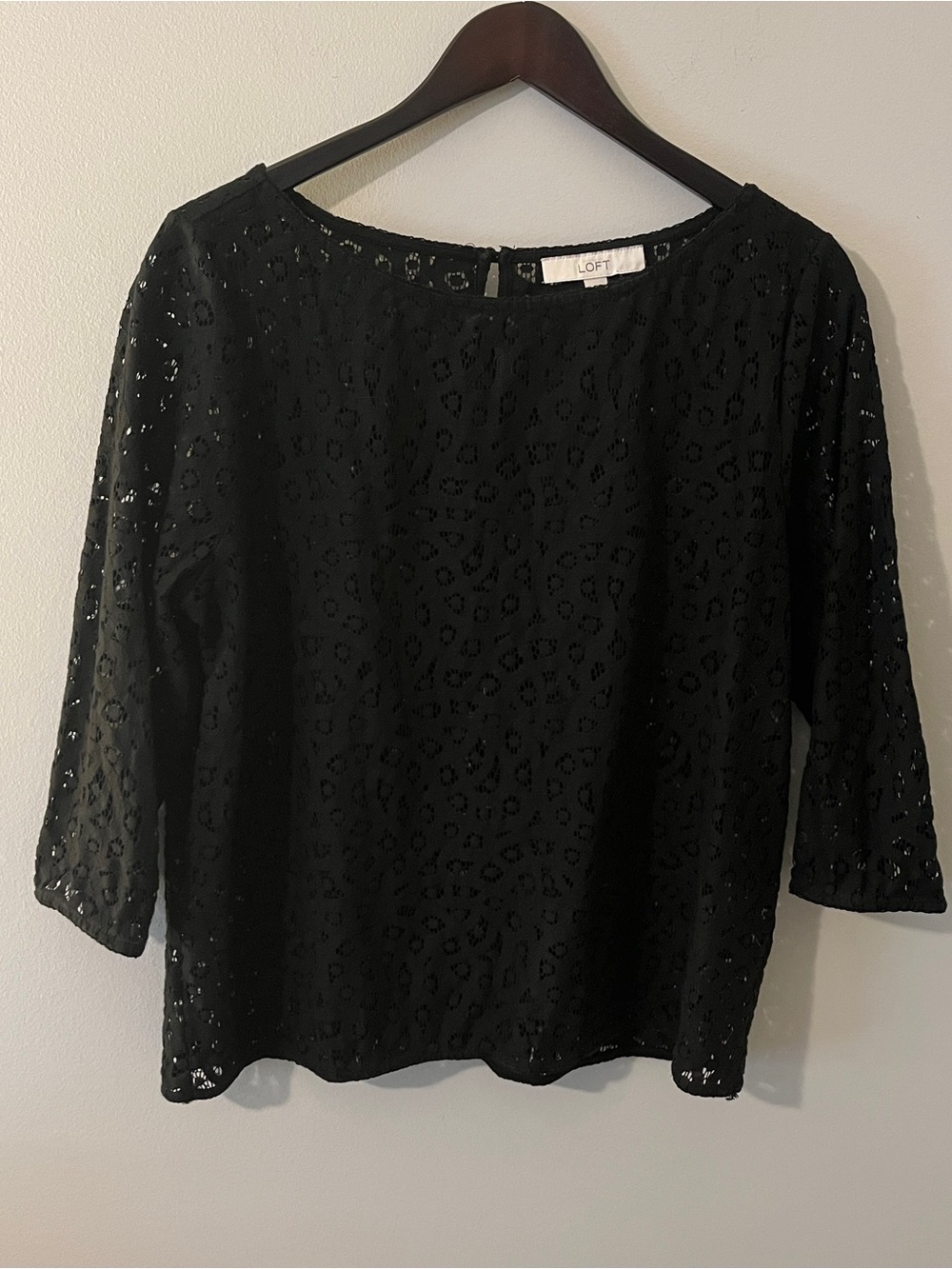 LOFT Black Lace 3/4 Sleeve Boatneck Top